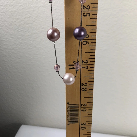 Faux Pearl Rhinestone Necklace Purple & Champagne On Silver Tone Chain - Picture 9 of 16